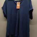 Gaharu Women's Summer Work Blouse V Neck Short Sleeve Lapel Shirt Top Tunic Navy Blue XL
