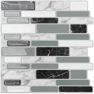 Art3d 10-Sheet Peel and Stick Kitchen Backsplash Tiles, 12"x12" Self-Adhesive Marble Grey Wall Tiles for Kitchen and Bathroom