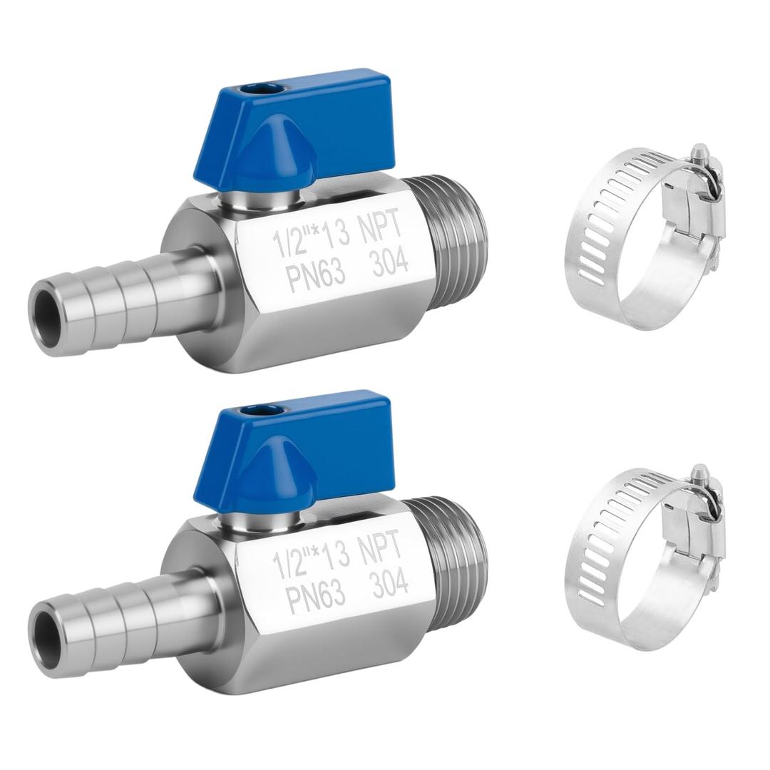 2Pack 1/4" Hose Barb to 1/4" NPT Male Mini Ball Valve 304 Stainless Steel Shut Off Valve with Clamps Kit for Air Water Fuel Gas (1/4" Barb x 1/4" NPT Male)