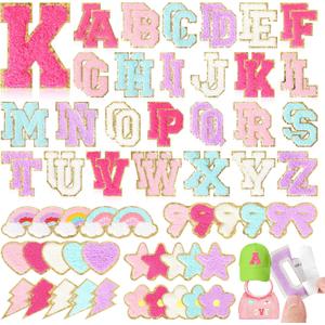 Chenille Letter Patches Self-Adhesive for Backpacks: Funcolor 82PCS Stick on Varsity Letter Patches - Cute Star Lightning Heart Rainbow Chenille Patch Stickers for Clothing Hats Bags