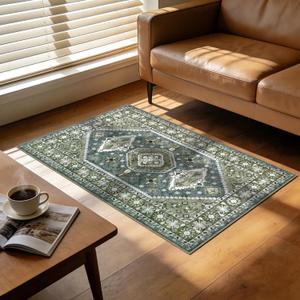 Washable Boho Area Rug,2x3 Dark Green Blue Vintage Distressed Living Room Bedroom Rugs,Stain Resistant with Non Slip Rubber Back Accent Floor Carpet