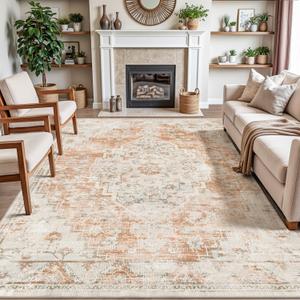 DEXI Area Rugs for Living Room, 8x10 Washable Low Pile Vintage Traditional Rug for Bedroom, Non Slip Large Indoor Carpet for Dining Office Nursery, Orange White