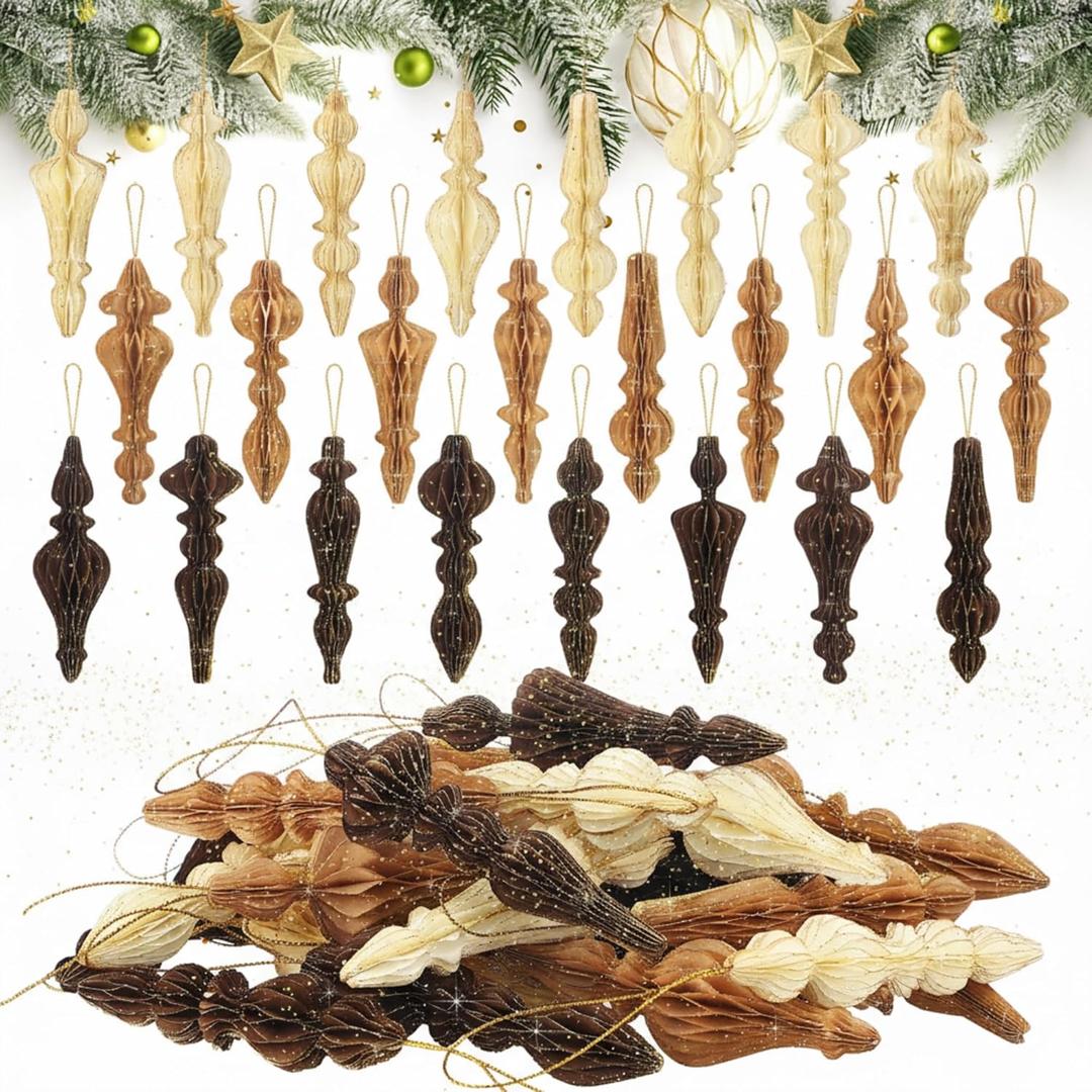 24 Pcs Christmas Paper Honeycomb Ornament 3.9 Inch Neutral Finial Glitter Honeycomb Hanging Decor 3D Colorful Finial Decoration for Xmas Tree Decoration Holiday Party Decor(Boho Color)