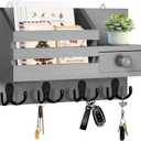 Key Holder Wall Mount, Wooden Adhesive Mail and Key Organizer with Drawer, Small Shelf, 8 Hooks, 2 Installation Methods, Gray