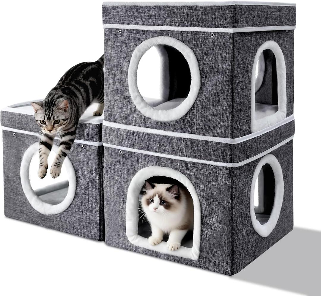 Cat Bed for Indoor Cats Cube House,Bedsure Cat Beds for Indoor Cats - Large Cat Cave for Pet Cat HouseFoldable Cat Hideaway,DIY Free Combination Configurable Play Tower Condo for Cats（3 piece）