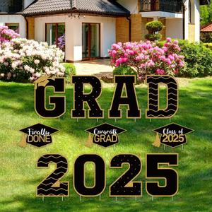 Tatuo 11 Pcs Graduation Yard Sign Decorations Congrats Graduation Lawn Signs 2025 Grad Yard Decor with 23 Stakes for Outdoor Grad Party(Simple Style,Black and Gold)