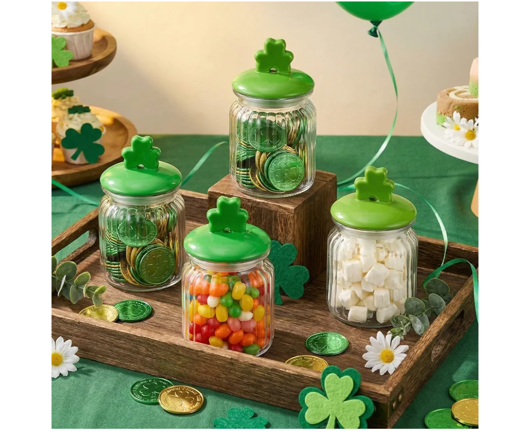 4 Pcs St. Patrick's Day Glass Mason Jar with Shamrock Cap Leaf Clear Candy Jar Decorative St Patrick's Day Glass Storage for Cookie Chocolate Candy Sweets Gift Table Party Decorations