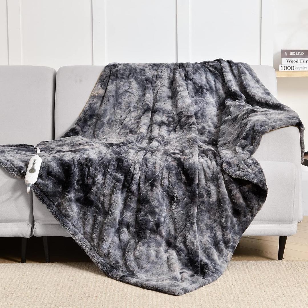 WOOMER Heated Blanket Throw 50" x 60", Electric Blanket Throw with 4 Heating Levels & 4H Auto Off, ETL Certified, Marble Grey Double-Sided Faux Fur, Over-Heat Protect, Machine Washable