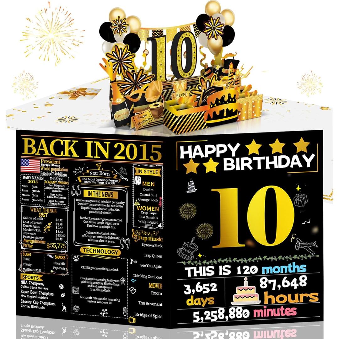 Joycard 10th Birthday Card for Girl Boy, 3D Pop Up Happy Birthday Gift for Daughter Son, Funny 10 year old Birthday Decorations for Grandson Granddaughter, Back in 2015 Laser Gold Retro Theme