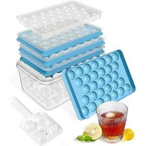 Ice Cube Trays with Lid and Bin, 3 Pack Ice Ball Maker Mold for Freezer Round Ice Molds with Container Mini Circle Ice Cube Tray for Drinks, Coffee, Whiskey, Cocktail, BPA Free (Lake Blue)