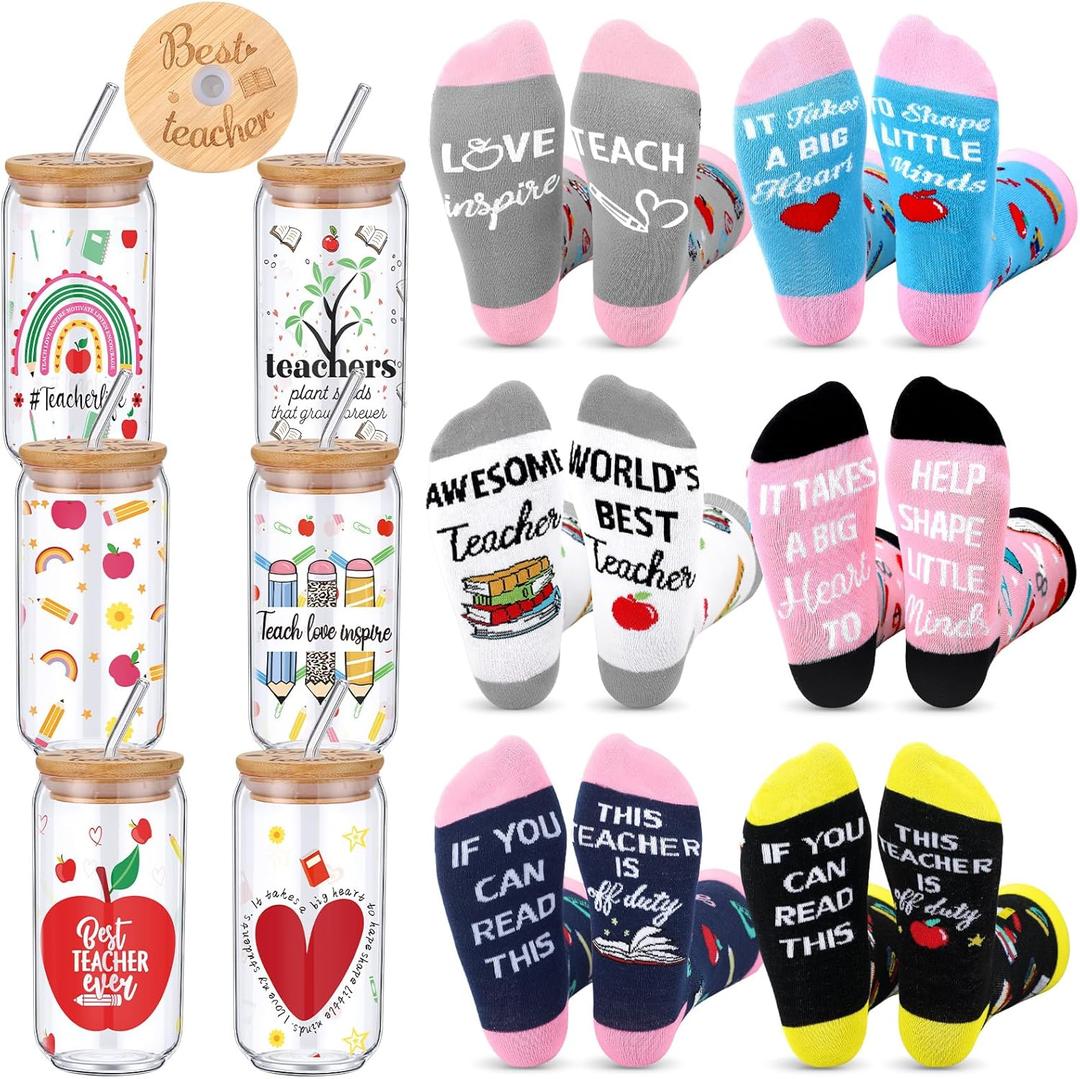 Domensi 12 Pcs Teacher Appreciation Gifts from Student 16 oz Glass Cups with Lids Novelty Socks Birthday Graduation Retirement Christmas Thank You Gifts for Daycare Women