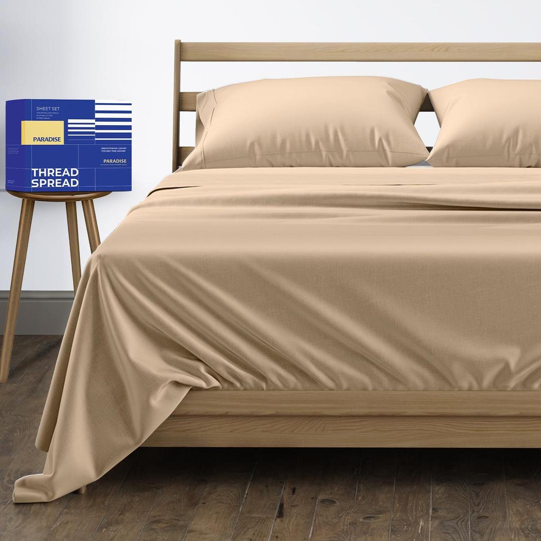 THREAD SPREAD 100% Egyptian Cotton Sheets King Size - High Thread Count King Size Bed Sheet Set (4 PC, Taupe), Soft, Cooling, Sateen Weave Luxury Hotel Deep Pocket Sheet Sets, Fits Mattress Upto 18"