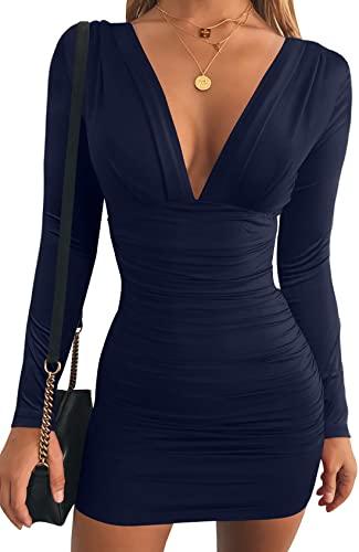 GOBLES Women's Sexy Long Sleeve V Neck Ruched Bodycon Mini Party Cocktail Dress Navy Small