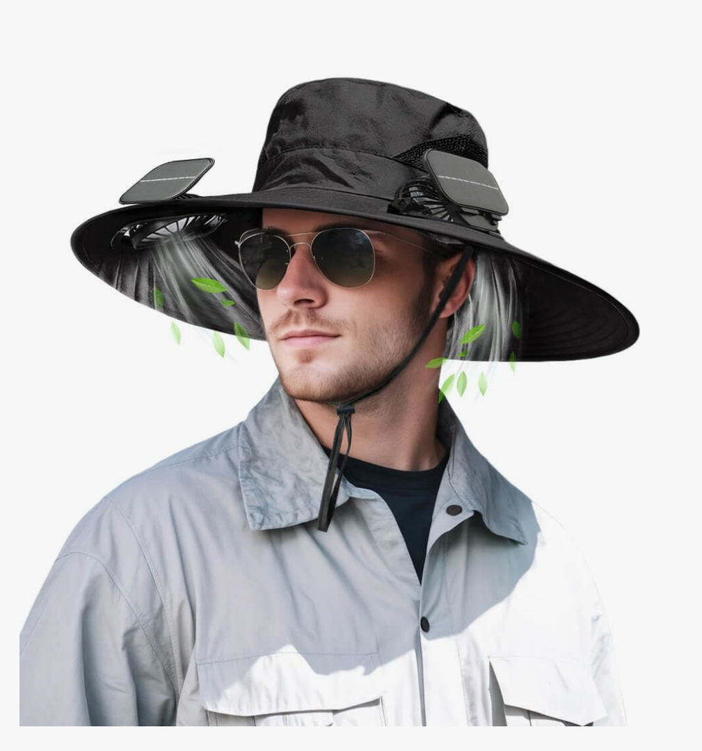 Solar Powered Fan Hat for Men Women Wide Brim Hat with 2 Fans UPF 50+ Outdoor Fishing Beach Sun Hat