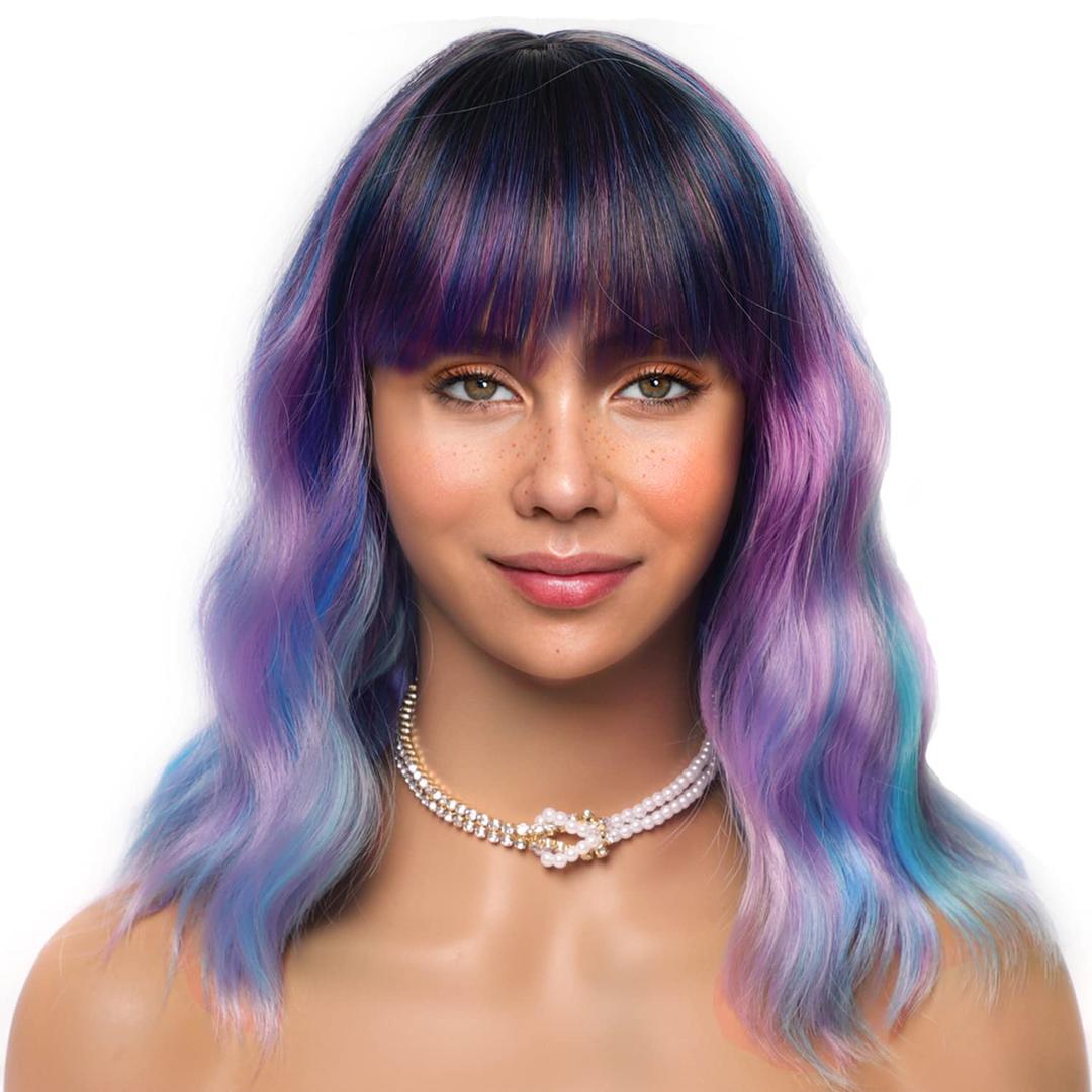 LANICE Short Bob Wigs with Bangs for Women Loose Wavy Hair Shoulder Length Colorful Mixed Wigs Synthetic Colorful Wigs for Cosplay Daily PartyUse(Colorful Mixed,12inch)