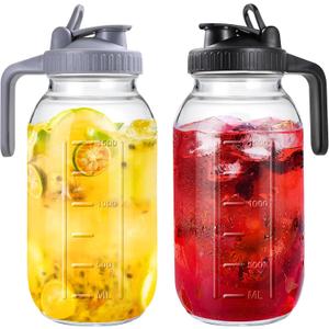 Mason Jar Pitcher, 64 OZ 2 Pack Glass Pitcher with Lid Double Leak-proof with Handle Water Jug Wide Mouth Breast Milk Pitcher Fridge Container for Water, Juice, Iced Coffee, Tea, Juice - Black+Grey