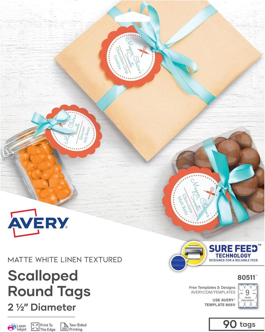 Avery Printable Blank Scallop Round Gift Tags with Sure Feed, 2.5" Diameter, Textured White, 90 Customizable Tags 