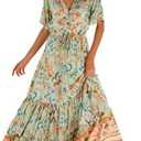 R.Vivimos Womens Summer Cotton Short Sleeve V Neck Floral Print Casual Bohemian Midi Dresses, Small