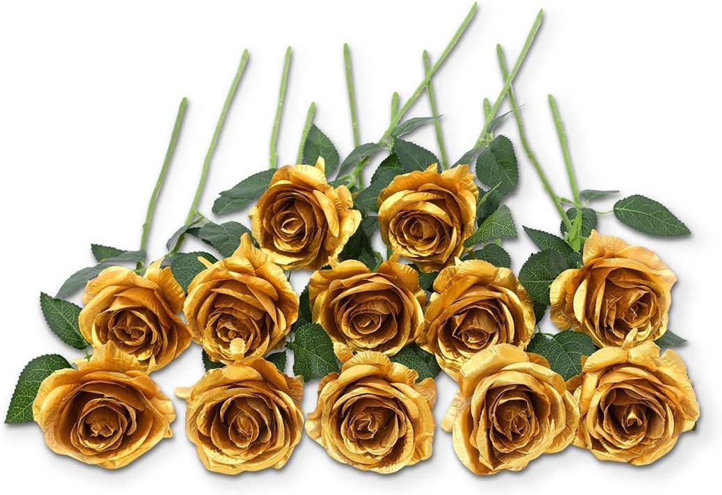 12 PCS Artificial Flowers Gold Roses Fake Silk Flower Long Stem Artificial Roses for Home Wendding Bathroom Party Decorations (Gold)