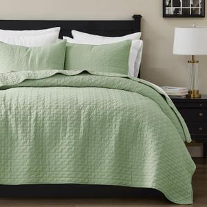 Sage Green 100% Cotton Quilt California Cal King Size Bedding Sets with 2 Pillow Shams, Texture Oversized Lightweight Bedspread Shabby Chic Coverlet, Soft Bed Cover for All Season, 3 Pieces (118"x106"）