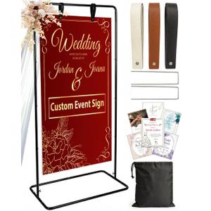 OLEEK Adjustable wedding welcome sign stand - Customizable design bundle for linen sign stand - wedding sign holder - welcome wedding sign - wedding signage with 6 Leather Hanging straps