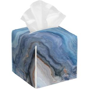 Tissue Box Cover Blue and Grey Marble Leather Tissue Box Holder Cube Paper Case Cover Facial Paper Organizer Dispenser for Bathroom, Vanity Countertop, Office Desk