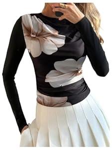 Milumia Women's Y2k Floral Long Sleeve T-Shirts Mock Neck Ruched Mesh Tops Black Large