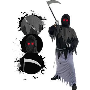 Kids Grim Reaper Costume with Glowing Red Eyes, Faceless Hood, Detachable Scythe, Long-Finger Gloves, Chain & Glasses Small