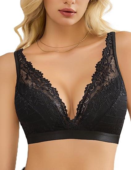 Avidlove Bras for Women Floral Lace Bralettes Deep V Sexy Bras Cross Back Longline Bralette No Padded Black XXL