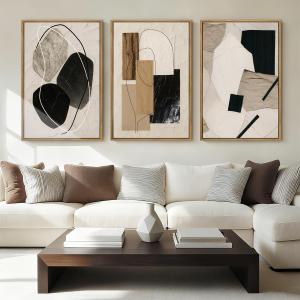 Large Abstract Paintings Framed Neutral Canvas Prints Mid Century Modern Wall Art for Living Room Bedroom Bathroom 36x24 Inch 3 Piece (Neutral Black Gold)