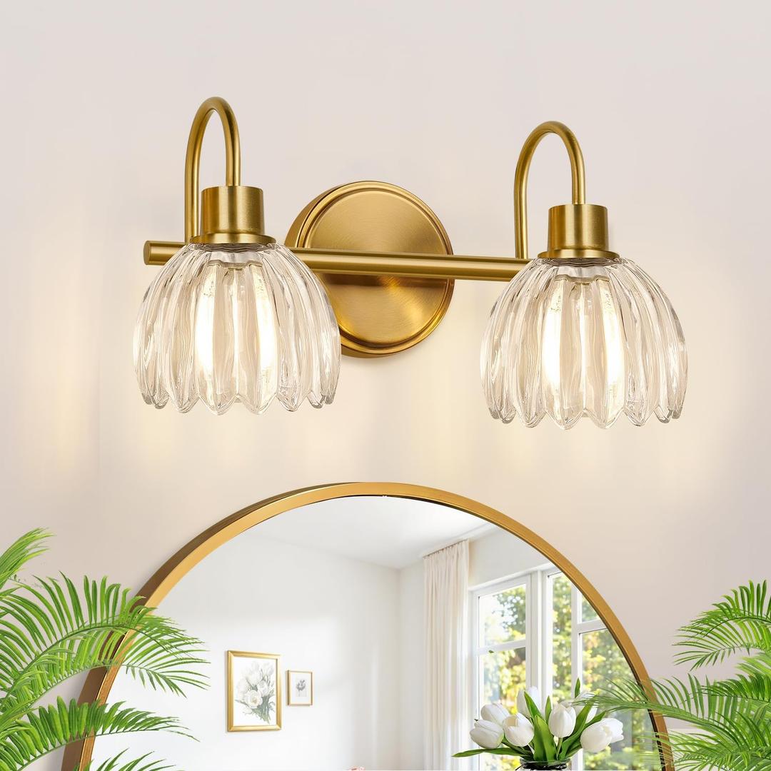 Bathroom Vanity Light (2-Light, 15 in), Brushed Gold Vanity Lights for Bathroom with Ribbed Clear Tulip Glass Shade, Vintage Vanity Wall Lights for Mirror Bedroom Living Room Hallway