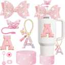 XIANGYUAN 8PCS Stanley Cup Accessories Set for Stanley Cup 30oz 40oz Tumbler with Handle,Including Straw Topper Cover Cap and Boot,Spill Proof Stopper,Handle Charm,Initials Sticker (Pink A)