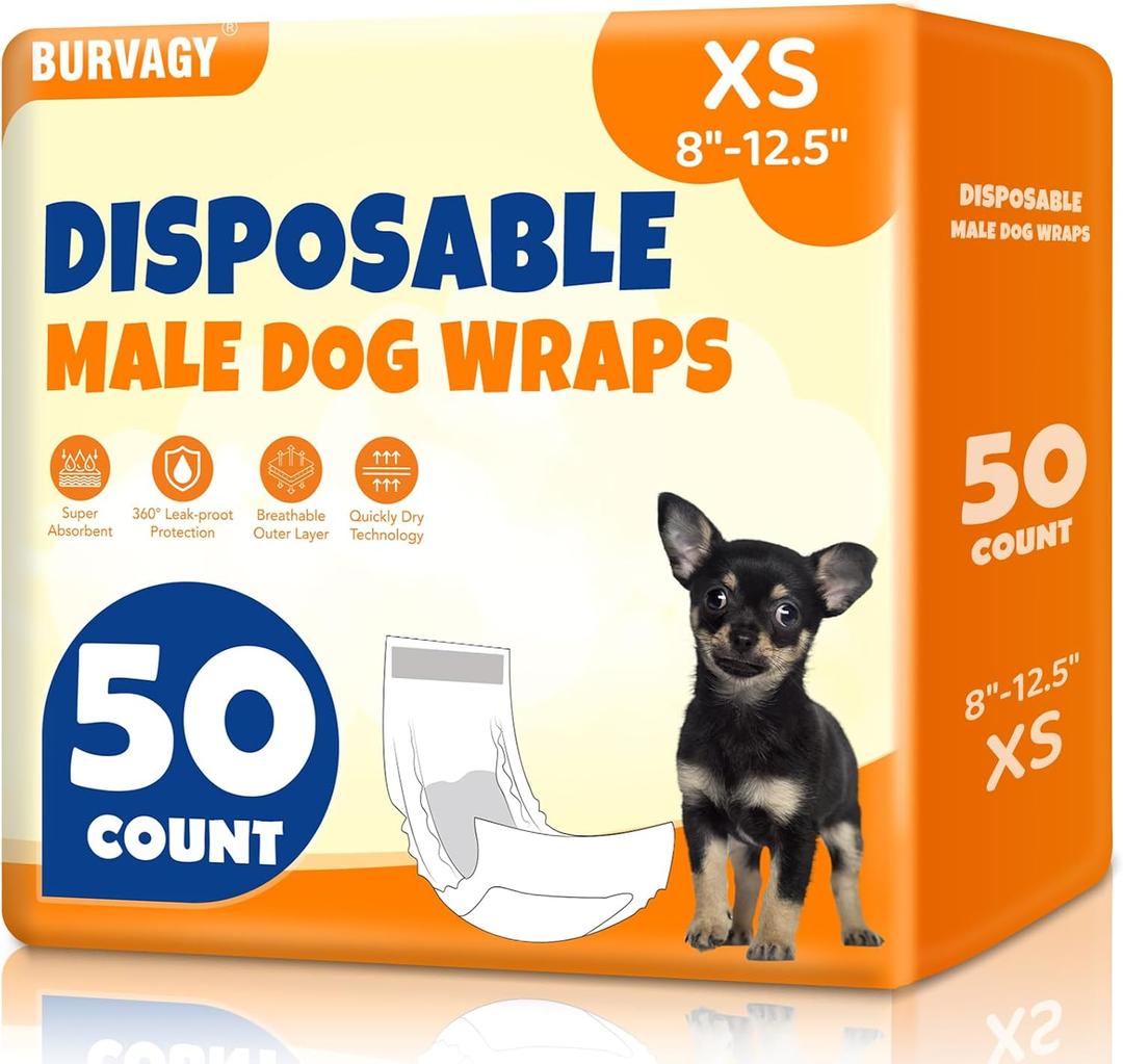 BURVAGY 50 Count Disposable Male Dog Wraps, Male Dog Diapers, Super Absorbent Pee Wraps, Belly Bands for Dogs, Leak Proof, Wetness Indicator, Puppy and Doggie Diaper for Peeing, X-Small