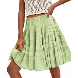 Cicy Bell Women Summer Pleated Skirts Boho Layered Tiered Knee Length Skirt | Low Rise, Flowy, Beach, Vacation Outfits, Trendy, Solid Color (Green, S)