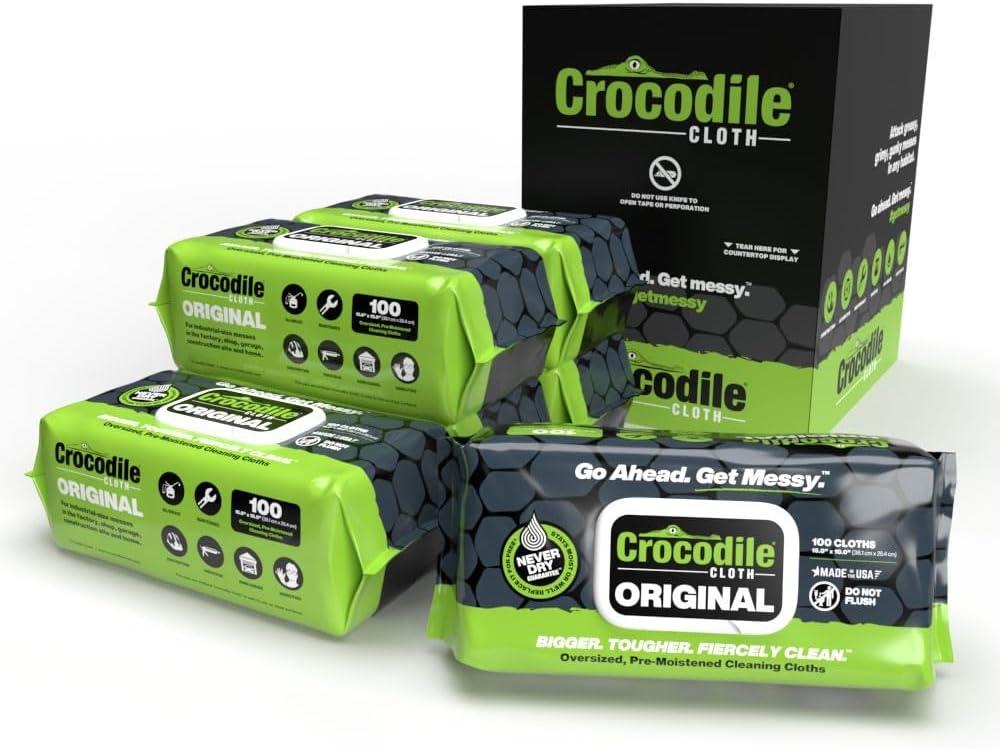 Crocodile Cloth Original Cleaning Wipes, 600 Count (6 Packs of 100)  Heavy-Duty 15 x 10 Multi-Surface Shop Wipes, Water-Based, Safe on Skin, Cuts Grease, Grime & Dirt