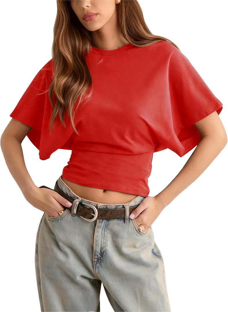 Lumister Shirts for Womens Crewneck Tighten Waist T-Shirt Casual Short Sleeve Workout Tops Solid Color Basic Tees (Red, L)