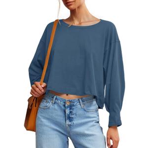 Fisoew Womens Long Sleeve Crop Tops Loose Fit Crew Neck Cropped T Shirts 2025 Casual Workout Tee Shirt Tops, Size Medium