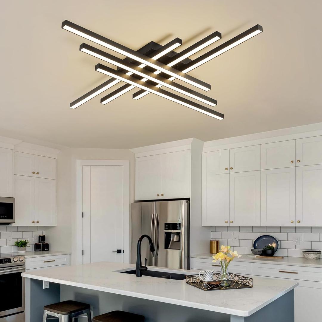 JAYMP 43.3" Modern Ceiling Light with Remote, Black Sputnik Ceiling Lamp, 96W Dimmable LED Lighting Fixture for Dining Room, Living Room, Kitchen Island, 6 Lights