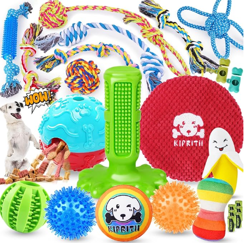 KIPRITII 25 Pack Dog Toys Set – Ideal for Teething, Entertainment & Interactive Play, Includes Puppy Toys, Rope Toys, Treat Balls and Squeaky Dog Toys