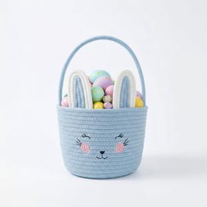 Easter Basket, Easter Bunny Baskets with Handle, Cute Woven Cotton Rope Egg Hunt Bag for Babies, Toddlers, Kids Candy Gifts - Blue