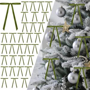 Senjie 30Pcs Velvet Bows for Christmas Tree, Vintage Rustic Christmas Ribbon Bows Ornaments for Garland, Wreath, Gift Wrapping and Indoor Outdoor Holiday Party Decorations (Olive Green, 5" x 7") (Width of 3/8")