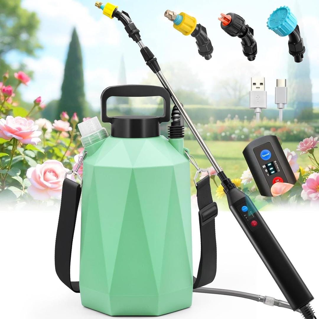 Battery Powered Sprayer 1.35Gallon/5L, 2025 Upgraded Electric Sprayer in Lawn and Garden with 3 Adjustable Force, Battery Indicator, Rechargeable Handle, Telescopic Wand,3 Mist Nozzles,Shoulder Strap (Green)