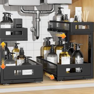 2-Pack Under Sink Storage Organizer, Large 2-Tier Elegant Mesh Pull Out Shelf for Kitchen and Bathroom Cabinet Organization, L-Shaped and Adjustable Height Design,Patent Pending-Black (2 Pack-15.74"Dx11.4"-16.14"H)