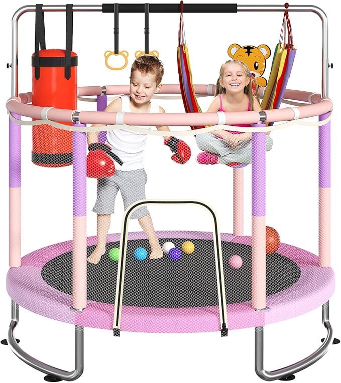 Trampoline for Kids, Upgrade Full Anti-Rust 440lbsToddler Trampoline with Net, Upgraded Ring Legs with Adjustable Gymnastics Bar&Toys, Gifts for Ages 1-8 Boys&Girls (55'', Pink)