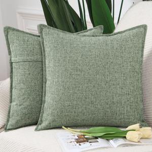 MADIZZ Set of 2 Flanged Linen Throw Pillow Covers 18x18 Inch Greyish White Soft Decorative Cushion Cover for Sofa Bedroom Pillow Shell