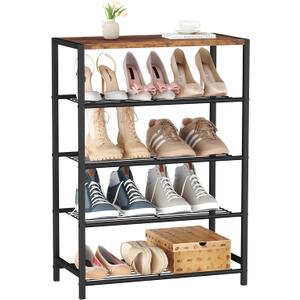 HOMEFORT 5-Tier Shoe Rack, Shoe Storage Shelf with MDF Top Board, Shoe Rack Organizer, Each Tier Fits 3 Pairs, Entryway Shoe Stand with Sturdy Shelves, Rustic Brown