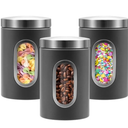 QYQRQF Canisters Sets for the Kitchen, 3pcs Sugar Flour Tea Coffee Storage Jars Stainless Steel Food Container Organizer for Kitchen Counter with Transparent Window (grey)
