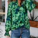 MASCOMODA Womens V Neck Floral Long Sleeve Tops 2025 Summer Casual Loose Puff Sleeve Chiffon Boho Work Blouse Dressy T Shirts (Green, L)