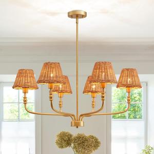 Saint Mossi Rattan Chandelier for Dinning Room, Modern Boho Pendant Lighting Fixture for Living Room, Entryway, 6-Light with Rattan Fabric Shades