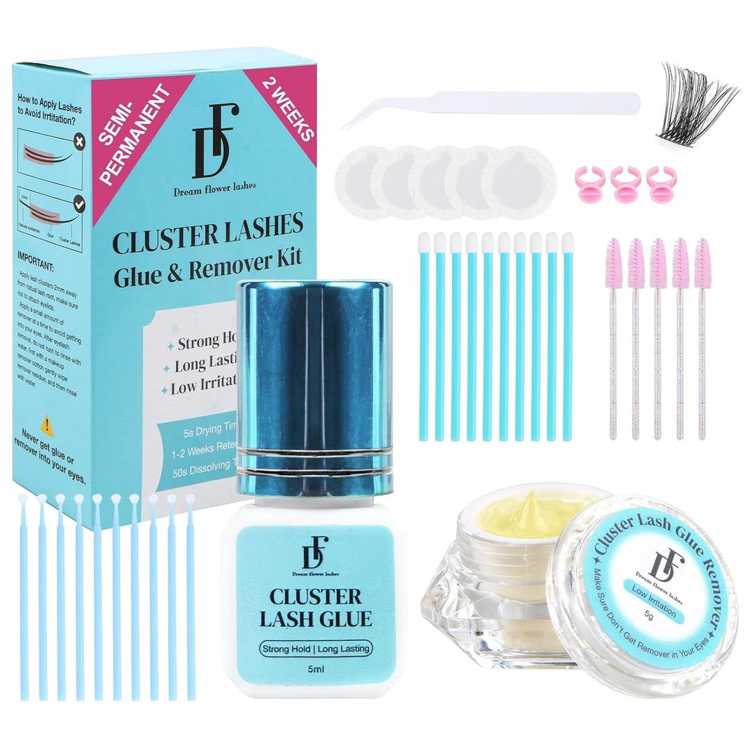 Semi-Permanent 2 Weeks Lash Cluster Glue and Remover Kit for Eyelash Clusters Strong Hold Long Lasting Waterproof Eyelash Glue Remover for DIY Lash Extensions with Lash Extension Supplies